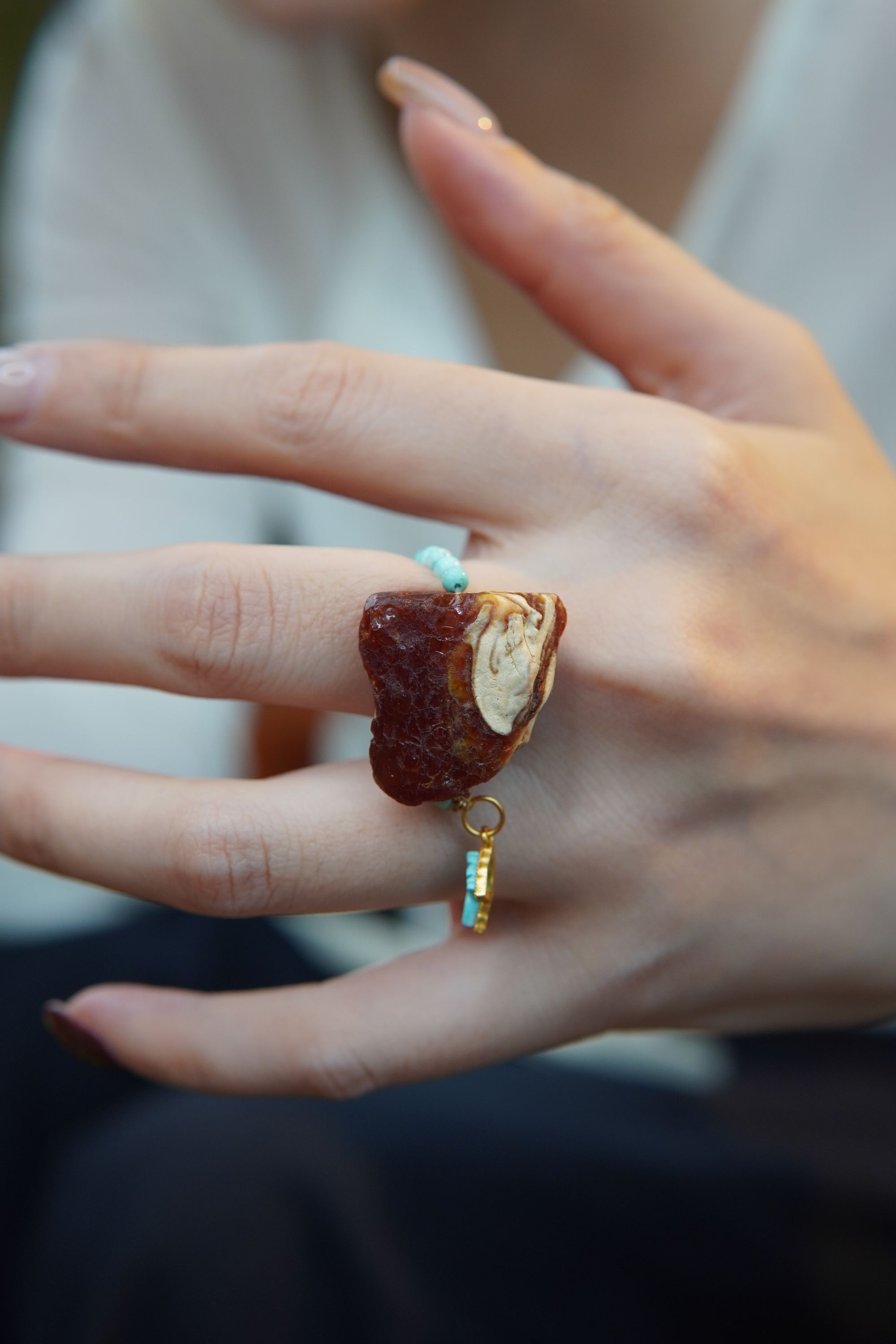 *戒指设计款*蜜蜡原石戒指*搭配绿松设计款