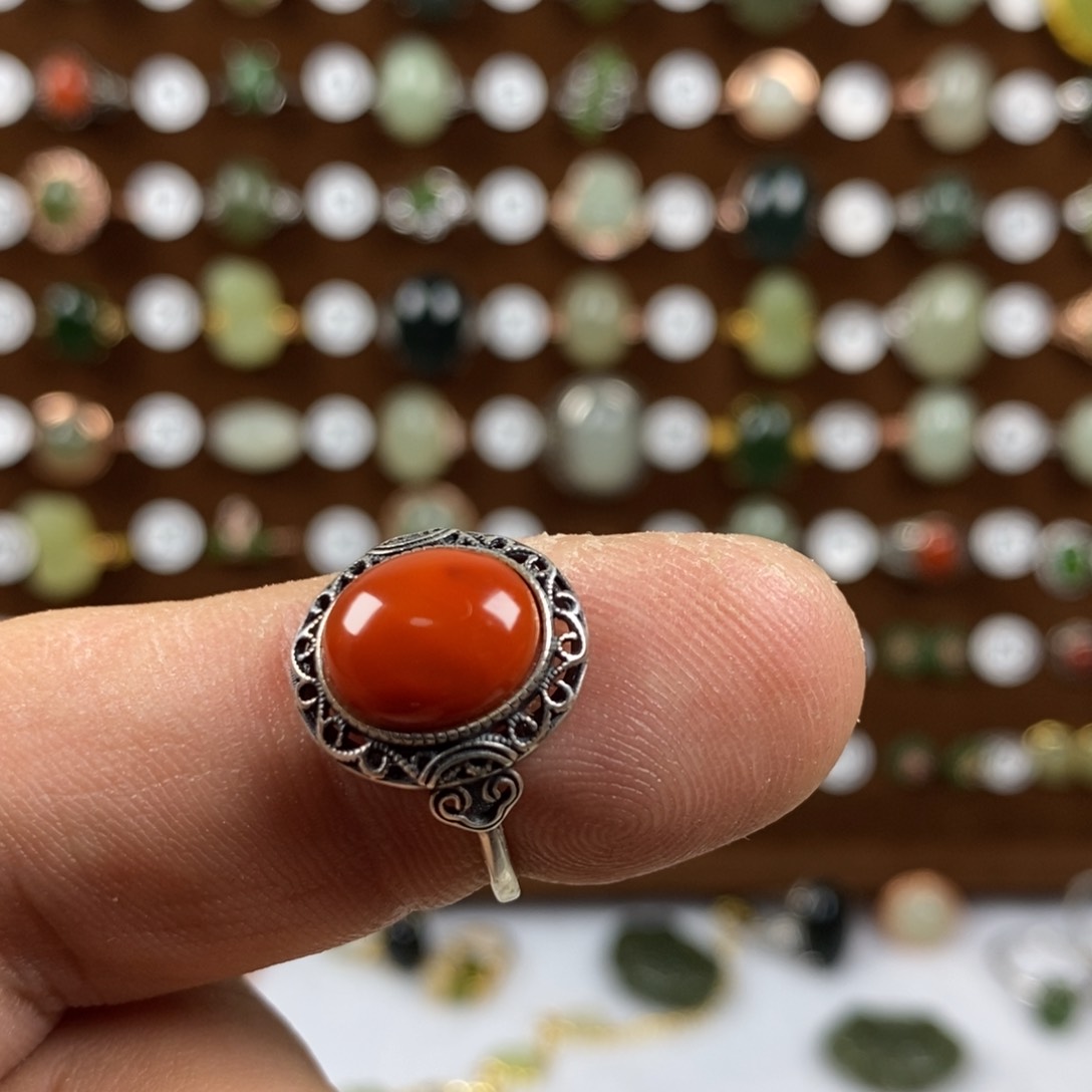 南红玛瑙戒指银S925镶嵌
