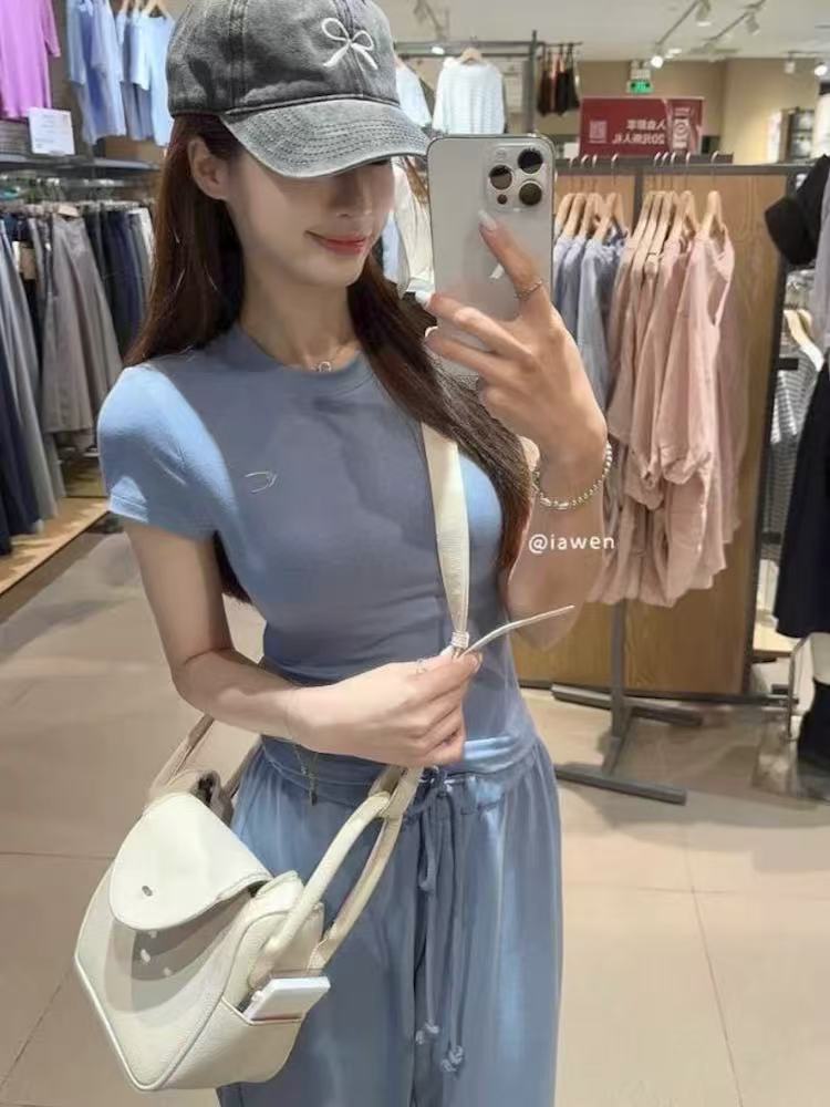 17351夏季新款简约辣妹韩系修身紧身显瘦短款圆领纯色短袖T恤上衣