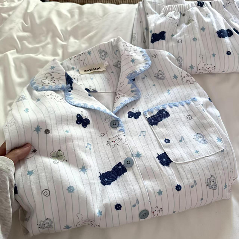 侘町2025新款猫咪日记长袖睡衣套装女春秋季纯棉磨毛可外穿家居服