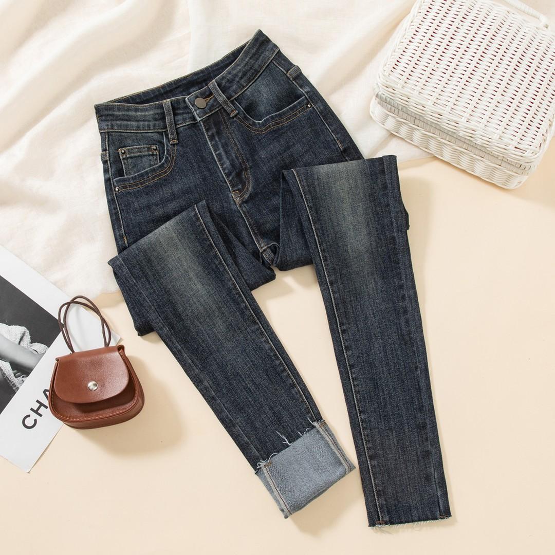 加绒加厚铅笔牛仔裤女秋冬复古辣妹直筒紧身弹力百搭显瘦小脚裤