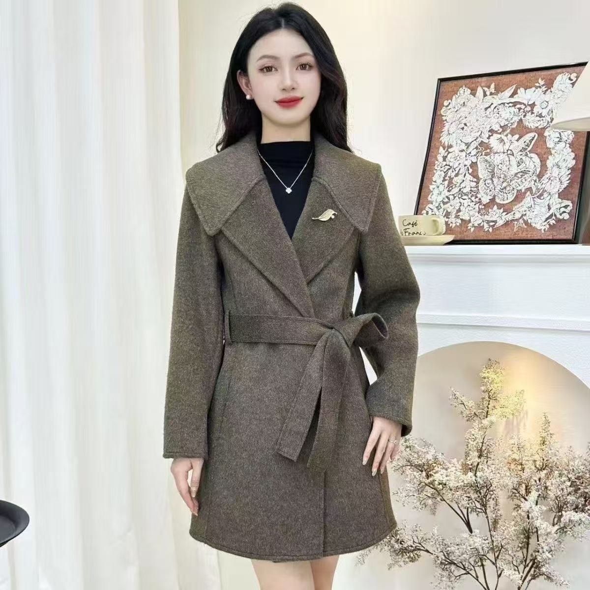 中长款厚款保暖修身时尚海军领双面羊毛外套毛呢显瘦气质百搭