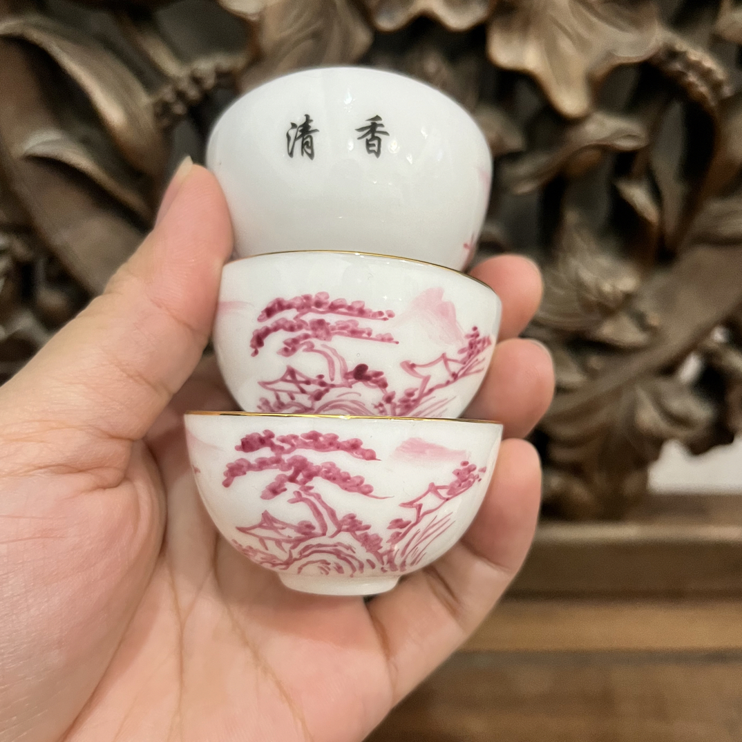 纯手工手绘胭脂红山水功夫茶具薄胎蛋壳杯，杯子容量28cc盖碗90cc