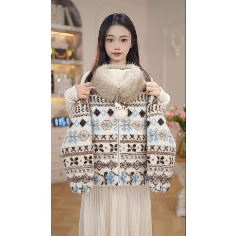 女童毛毛衣冬季2025新冬装女孩加绒加厚时髦费尔岛毛领外套Z7976