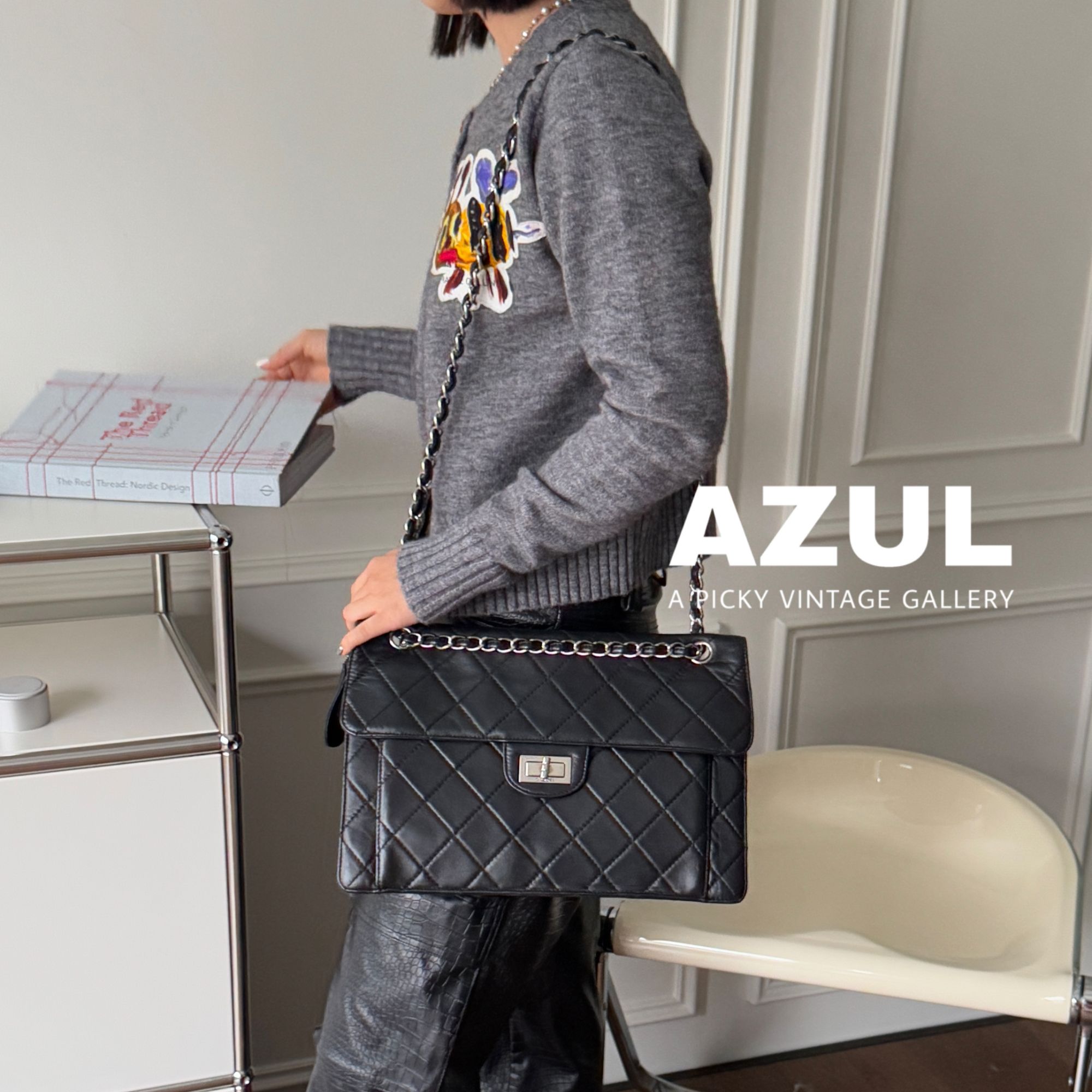 95新 Chanel/香奈儿 Azul - 黑银羊皮2.55机场时尚单肩包 37606  