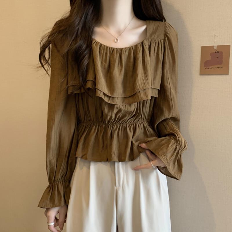 大码女装遮肚子方领荷叶边打底衫女春秋胖妹妹显瘦泡泡袖小众衬衫