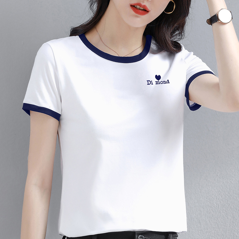 运动休闲短袖白色t恤女弹力夏半袖t桖2025新款拼色妈妈圆领上衣