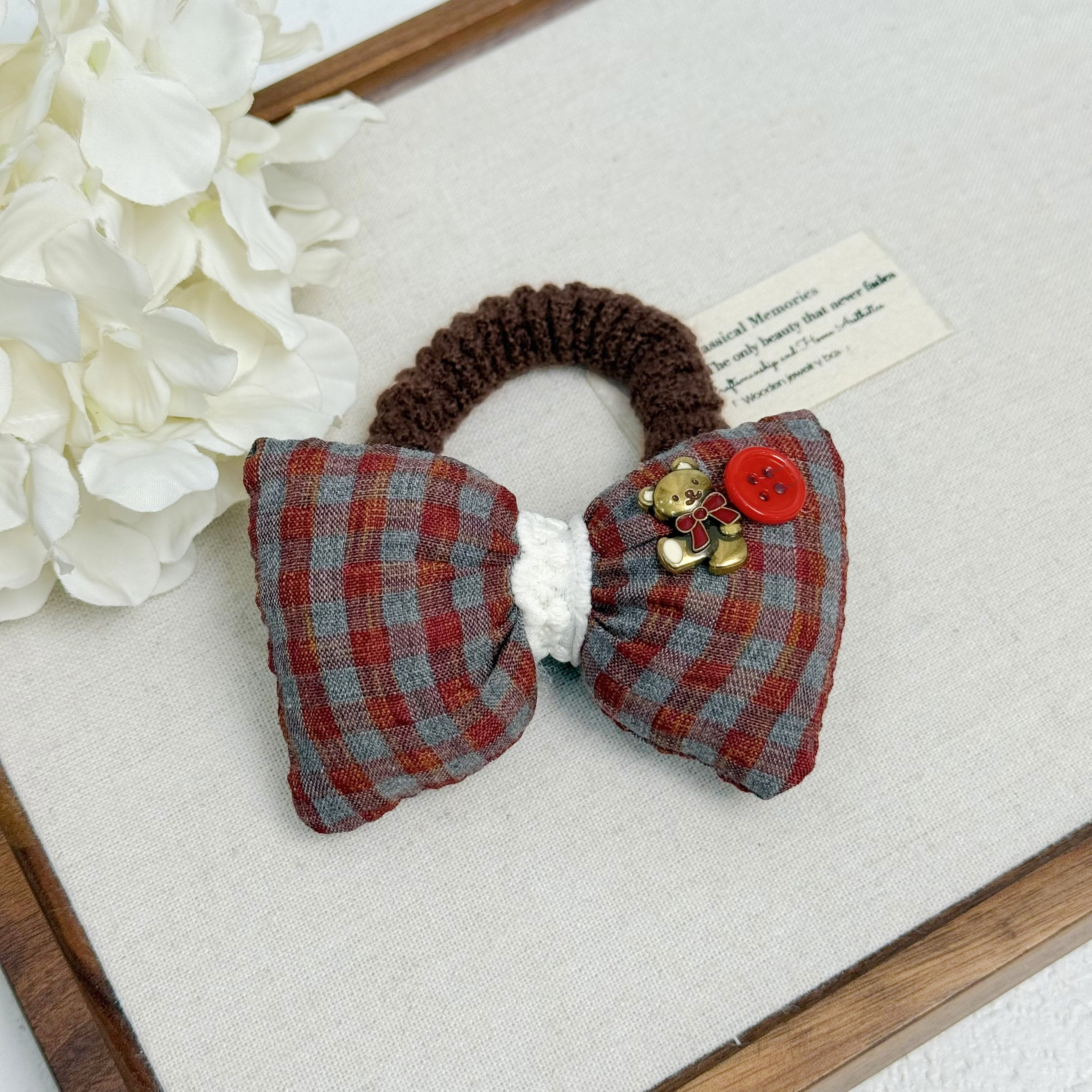 F-982可爱小熊格纹蝴蝶结发圈