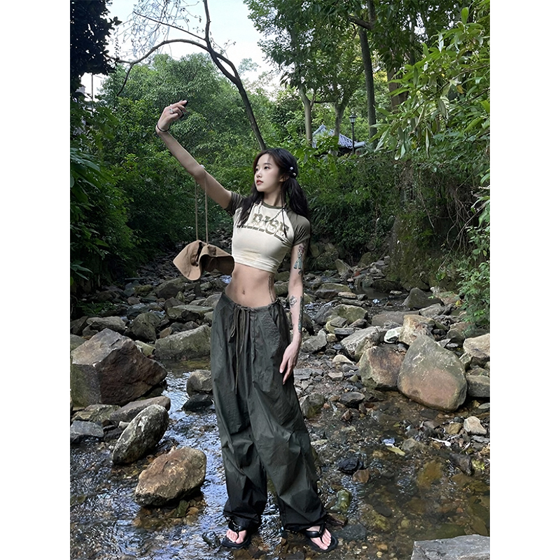 KSKM灰绿色工装休闲裤女2025夏季新款美式复古小众抽绳速干直筒裤