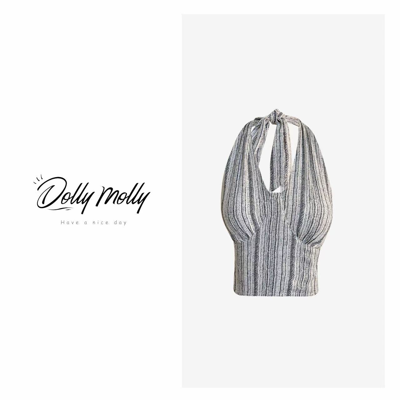 DOLLY&MOLLY波西米亚黑条纹竖纹挂脖背心吊带夏秋女士时尚百搭242