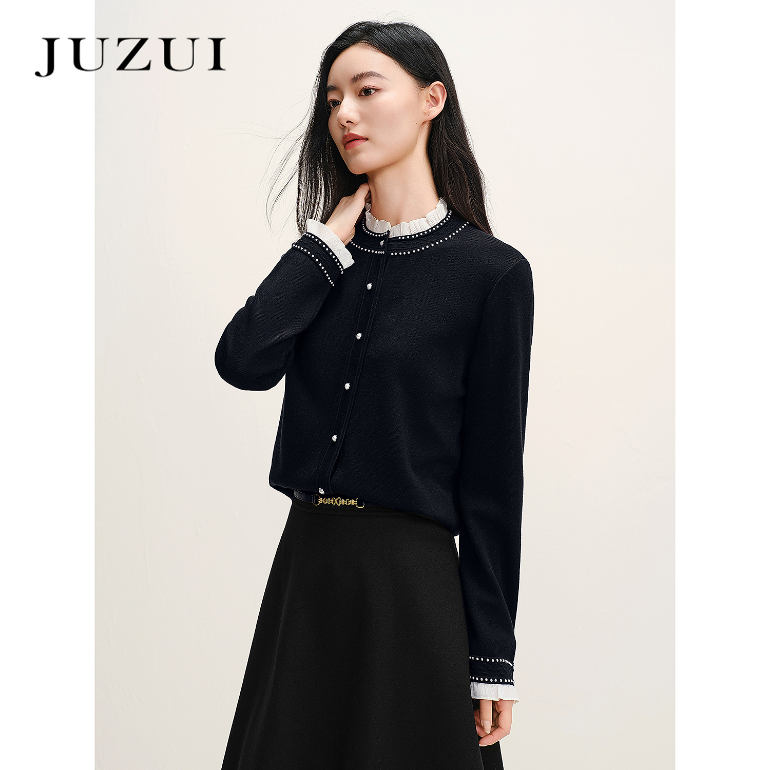 JUZUI玖姿甜美小香风立领H型羊毛针织衫女2025冬季新款JWFD30613