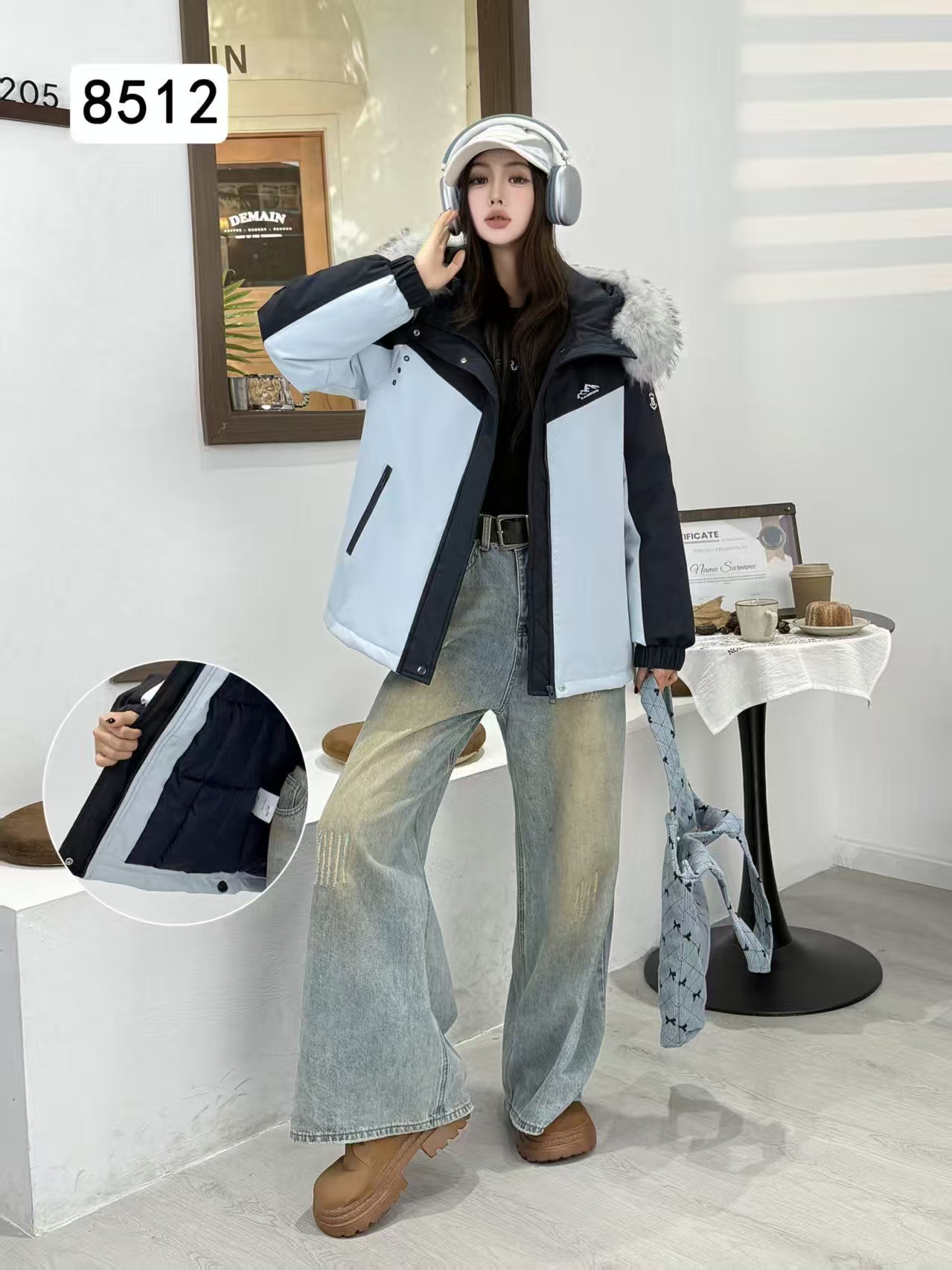 阿悄家 冬季新款高级感毛领撞色雪山石墨烯云绒服冲锋衣#8512