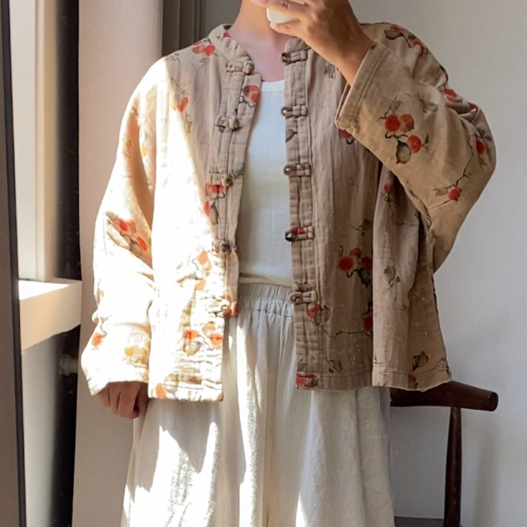 [柿柿如意]复古新中式盘扣蝙蝠袖开衫外套