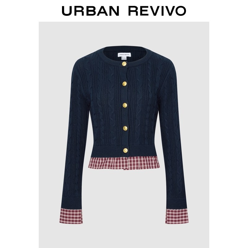 UR2026春季新款女休闲假两件撞色格纹绞花针织开衫UYY960017