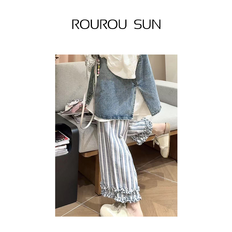 23675竖条纹阔腿裤女棉麻松紧腰时尚休闲裤