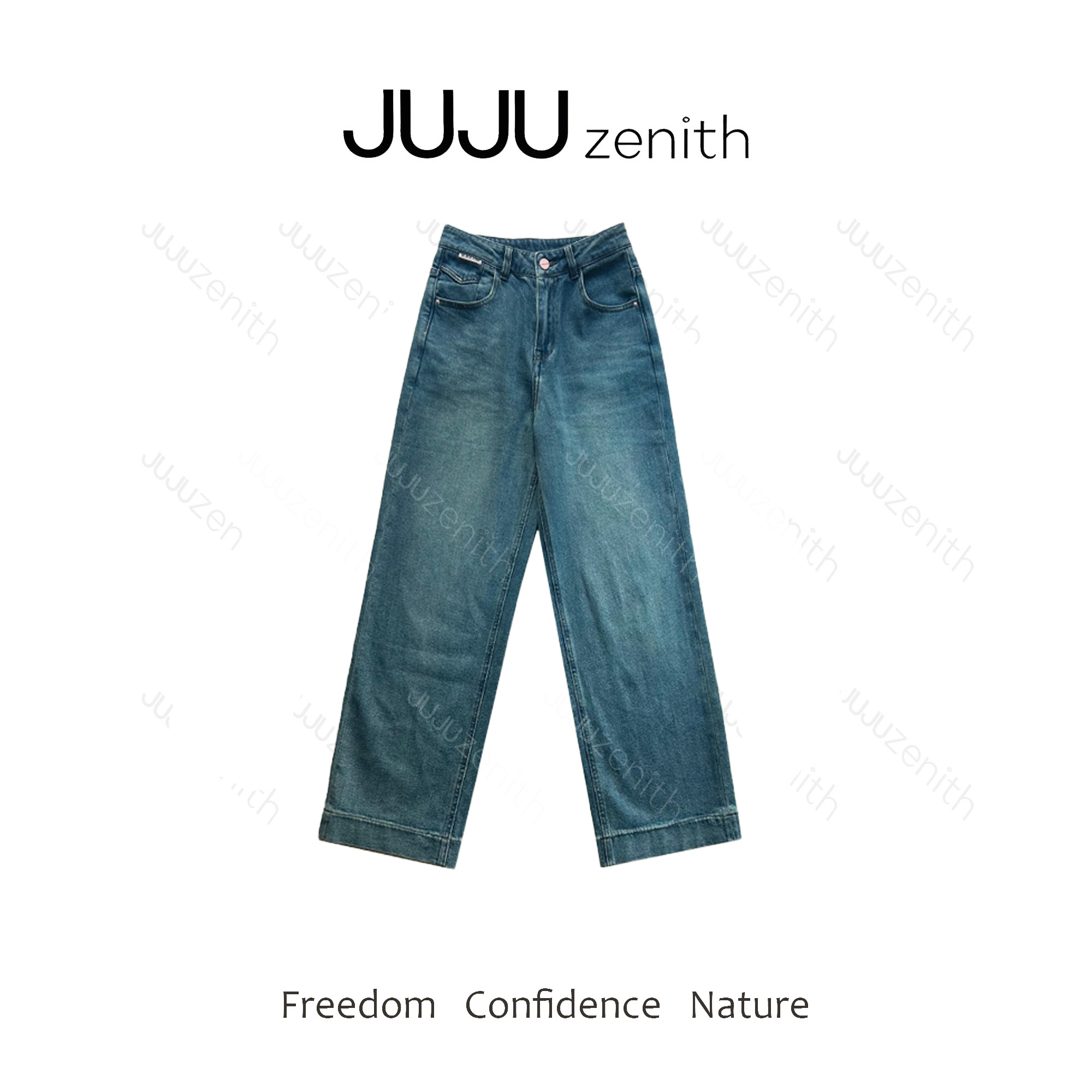 JUJU·浪漫巴黎·九分牛仔裤粉元素弹力复古高腰直腿神裤