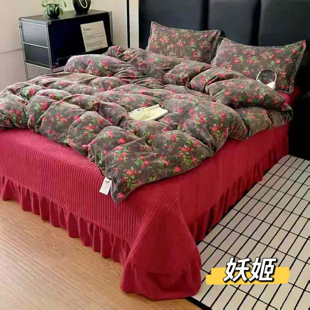 秋冬新款法式加厚牛奶绒安可拉红床盖被套四件套免打理保暖床品