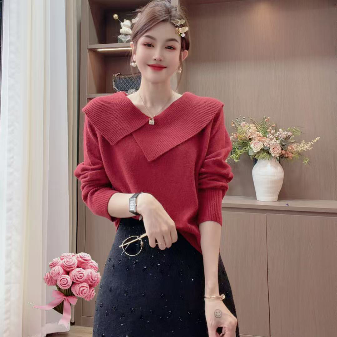 容容定制秋冬新款韩系不规则翻领百搭针织气质羊毛衫洋气减龄1133
