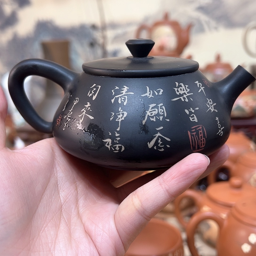 红泥茶壶紫陶手工刻填壶