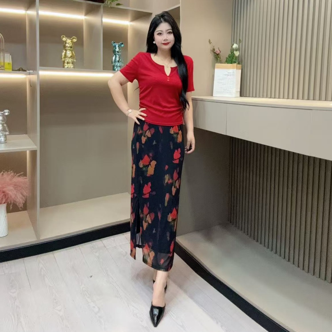 夏季搭配-冠 时尚彩花抽褶百搭显瘦潮流透气胖MM大码女装新款