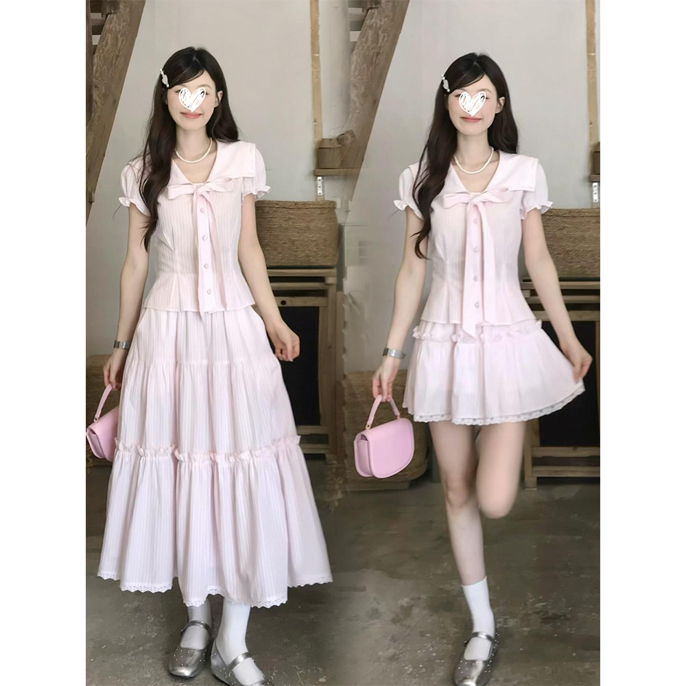 【恋爱告急】甜美纯欲风少女感蝴蝶结翻领上衣蕾丝边短裙套装21703#