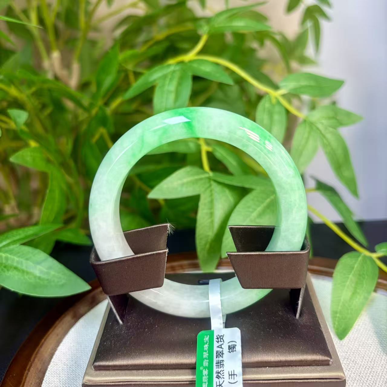 天然缅甸A货翡翠 正阳绿白底青手镯 56.7#