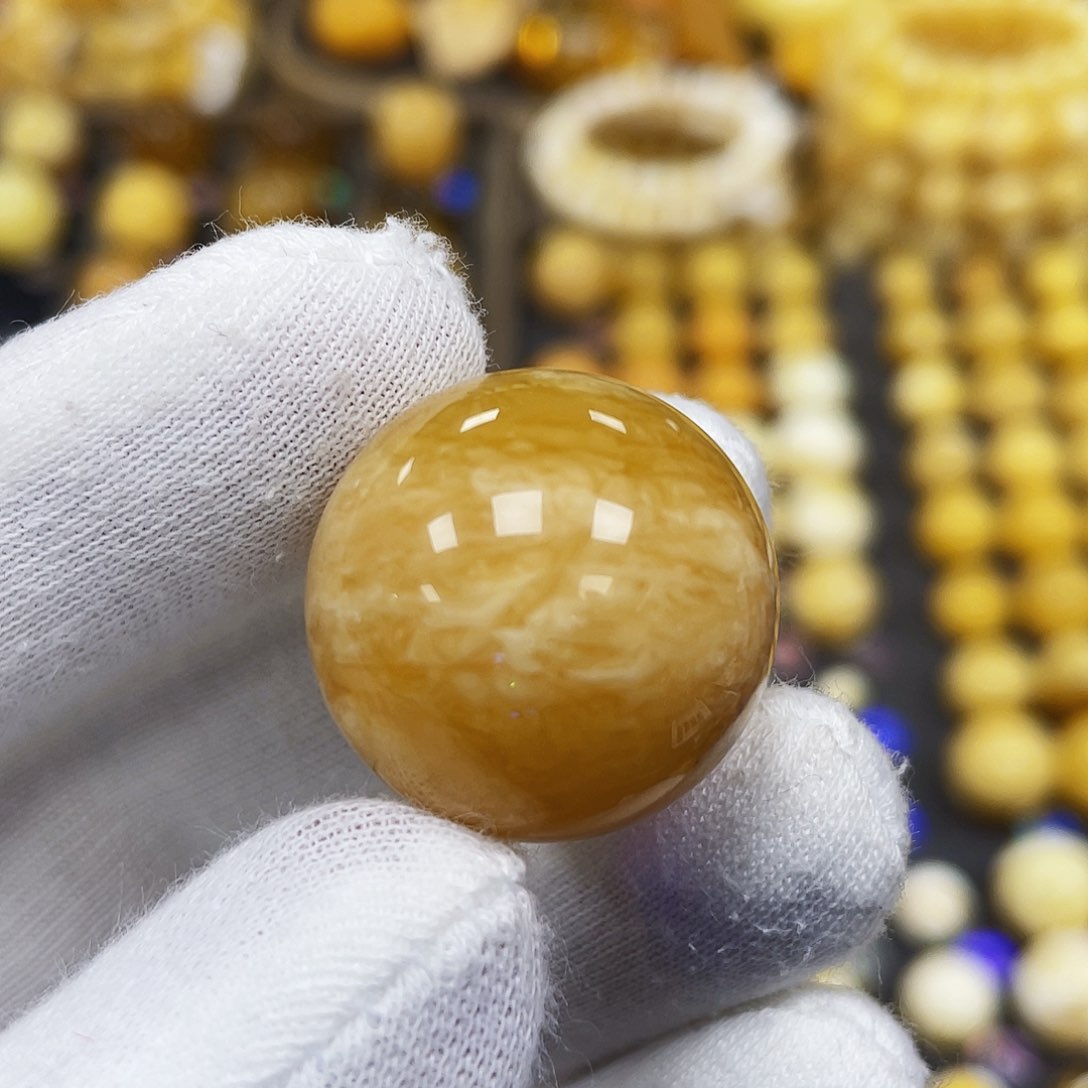 蜜蜡珠宝奇石未镶嵌23.2mm瑕疵花粉款｜橘黄虎皮蜡·圆珠