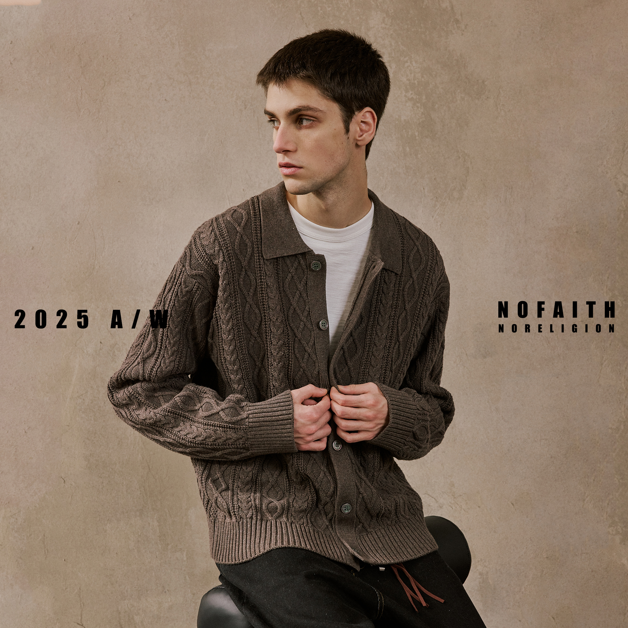 NOFAITH重磅860G立体扭花毛衣男秋冬款宽松休闲纯棉翻领开衫上衣