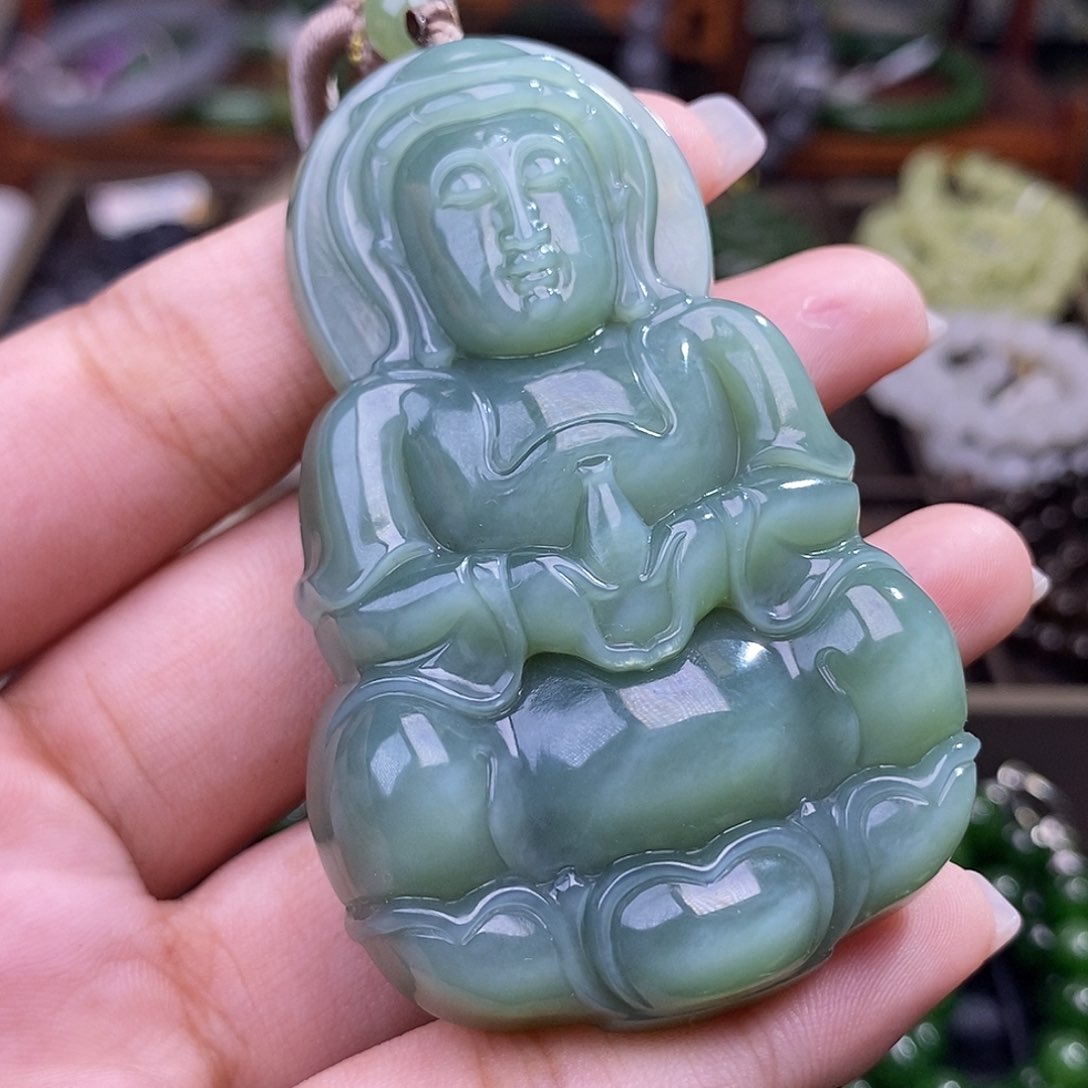 和田玉碧玉老料粉青猫眼大观音挂件未镶嵌