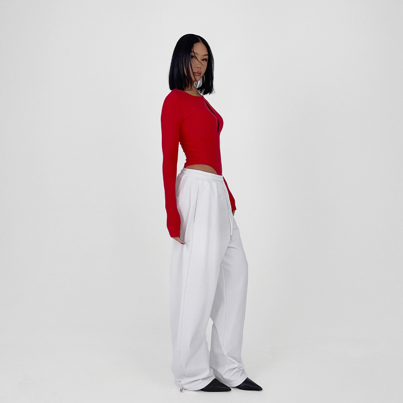 【清仓】含棉休闲运动裤女白色高腰松紧加宽腰抽绳阔腿裤百搭通勤