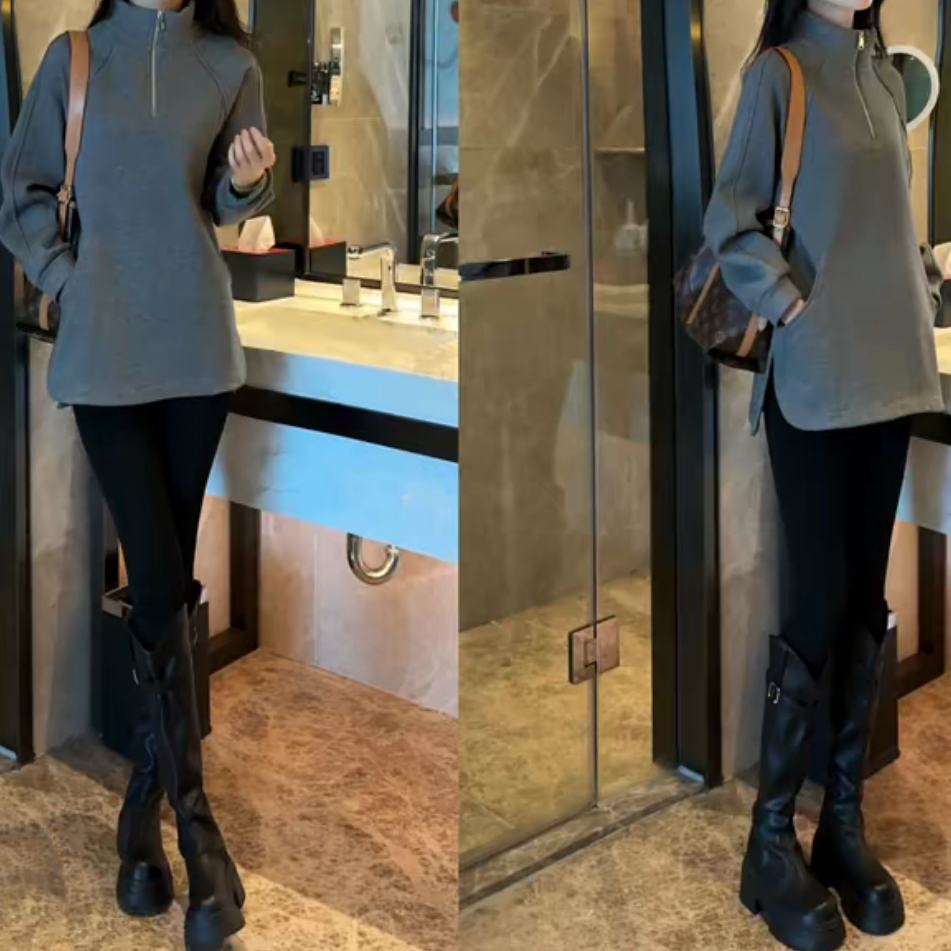 爆款百搭双面绒修身厚款高领半开拉链卫衣