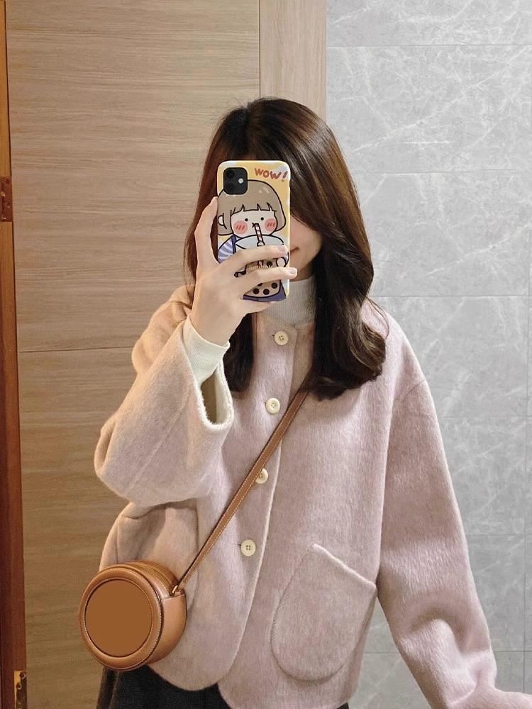 粉色双面毛毛呢外套女2025秋冬新款韩系宽松小香风超好看呢子大衣