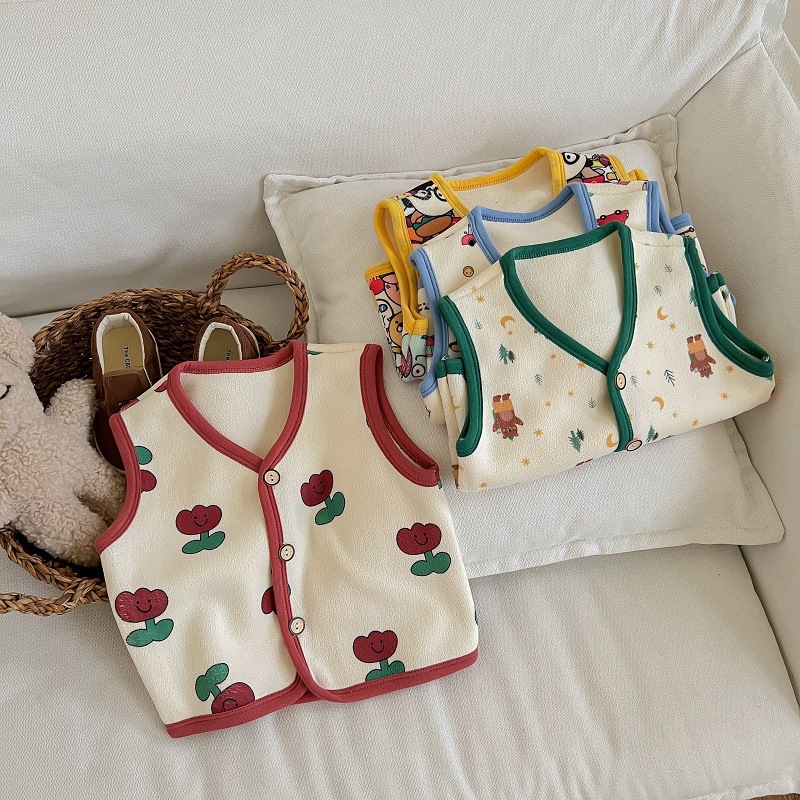 A类儿童马甲秋冬宝宝奥利绒背心中小童卡通印花无袖坎肩套装可外