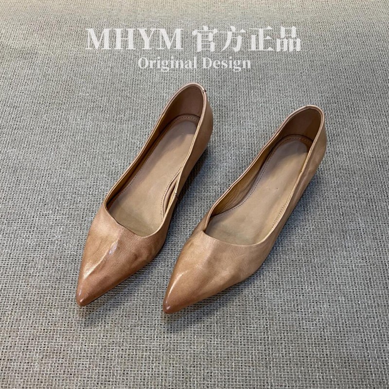 MH官方文艺风一脚蹬懒人真皮单鞋女浅口复古尖头气质粗跟工作鞋
