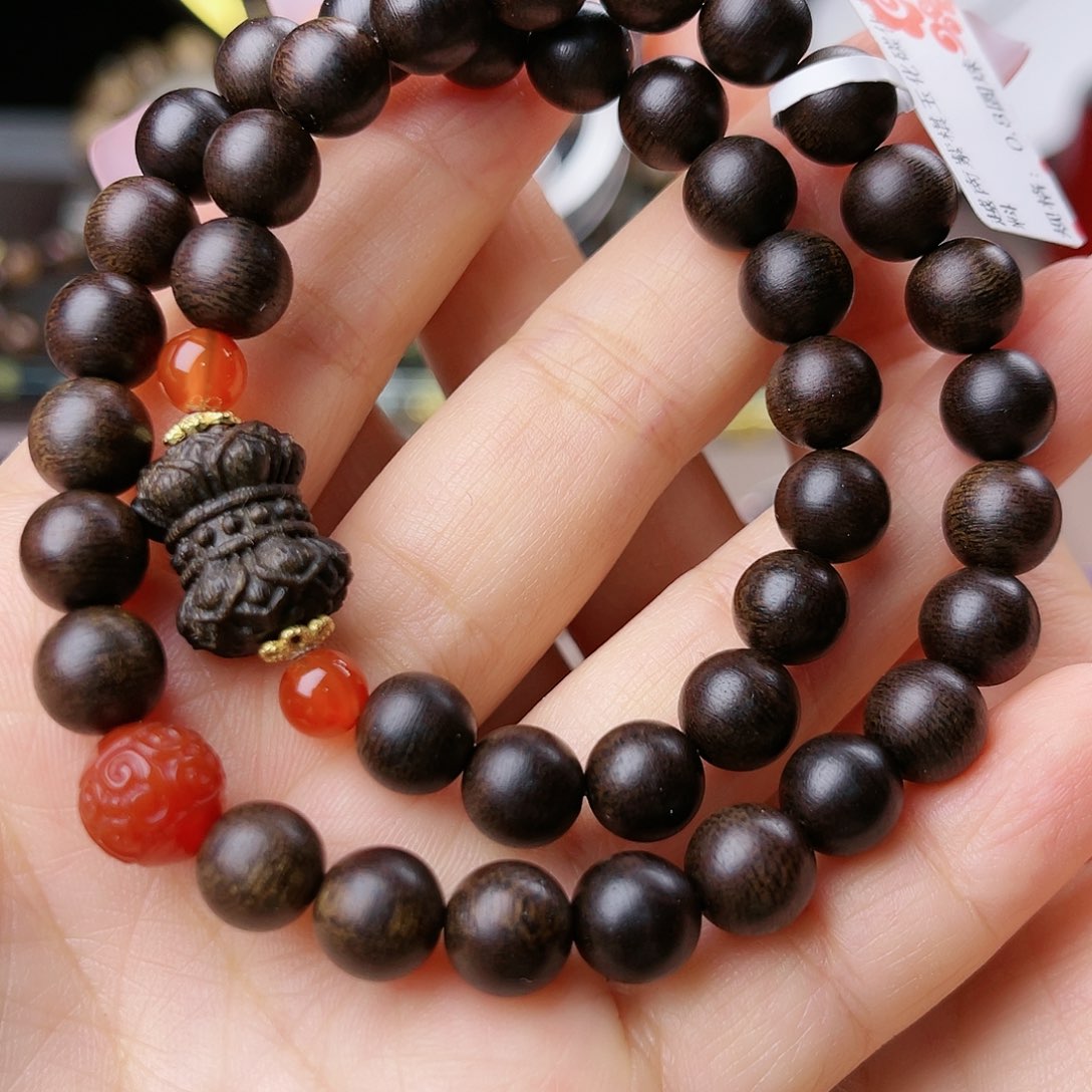 沉香手串紫棋玉化窖藏沉水级老料0.8圆珠双圈款