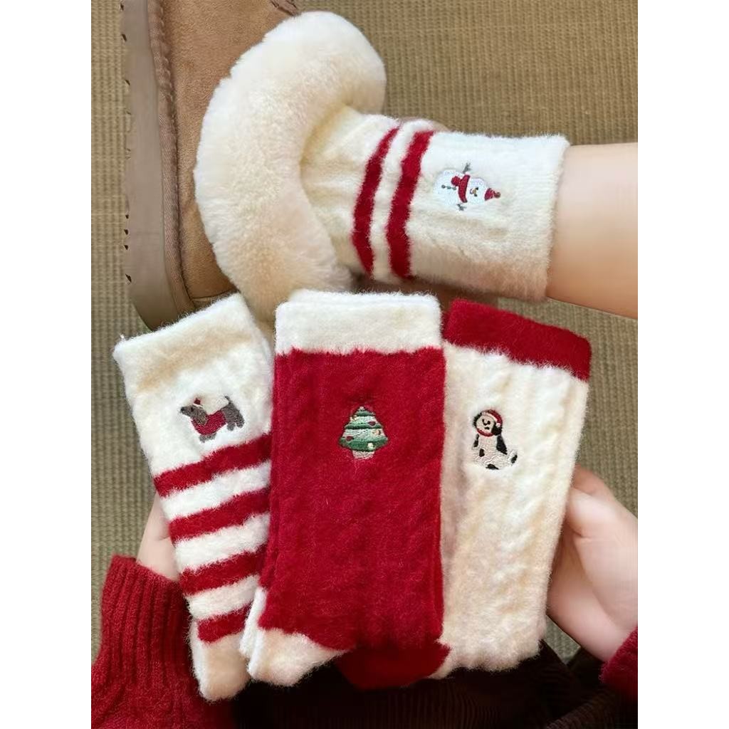 【四双】圣诞袜子女秋冬季加厚保暖本命年毛绒袜马年新年礼物冬天LW