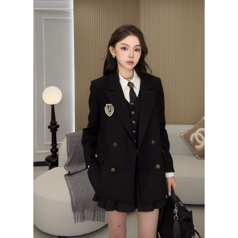 夹棉【呢子百搭大衣】冬季黑色毛呢学院夹棉双排扣中长款西装短外套
