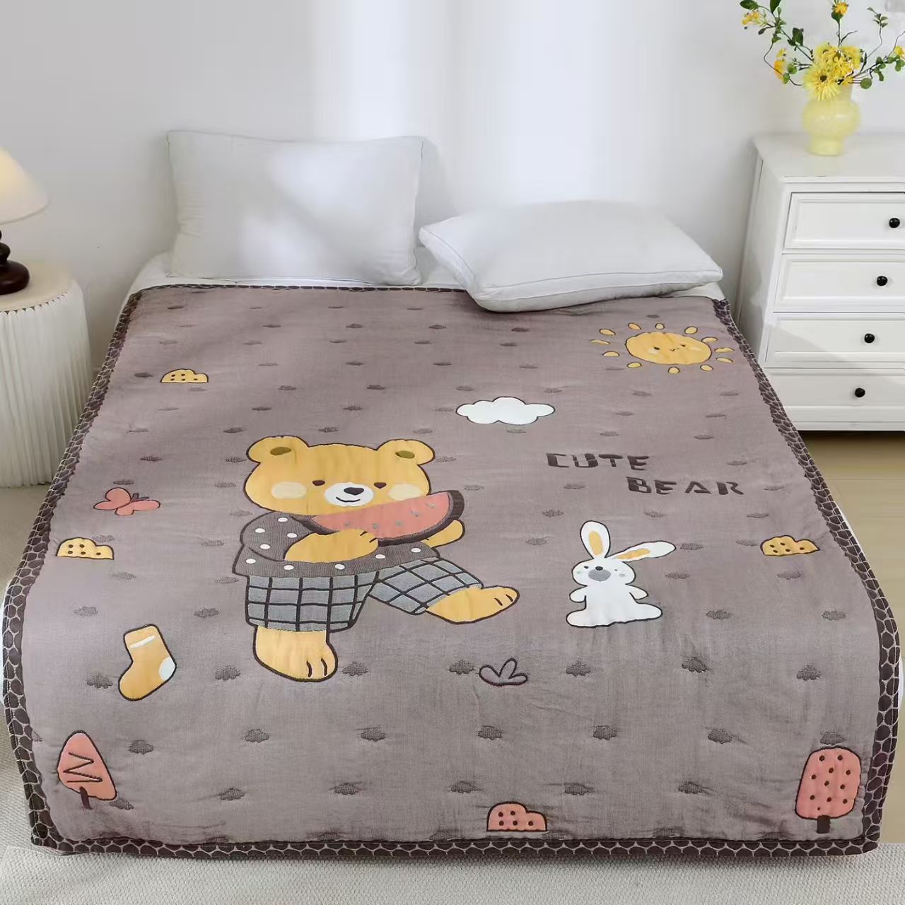 西瓜熊●2*2.3米双人被】全棉加厚泡芙被100全棉纱布被