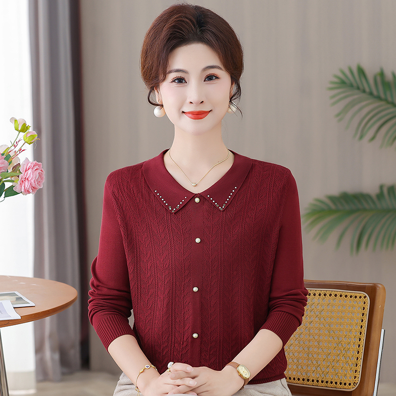 妈妈新款中老年针织翻领2025毛衣打底女装针织衫宽松洋气时尚上衣