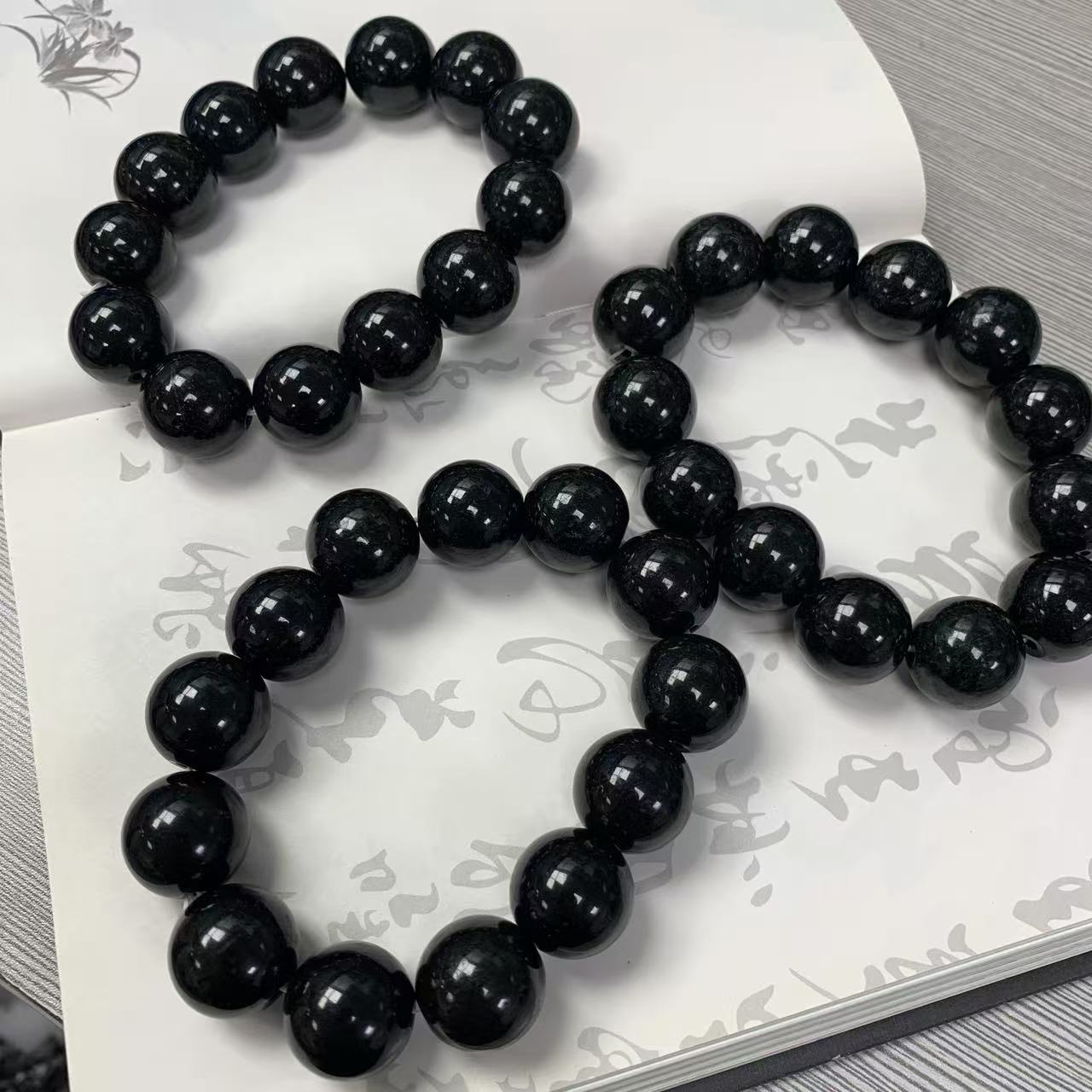 缅甸天然A货翡翠时尚大气墨翠卡17+圆珠手链手串-多样性发其一