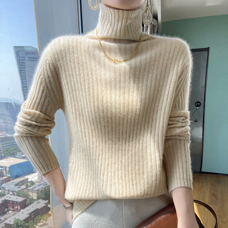 百搭显瘦～重磅加厚一线成衣100羊毛衫女高领抽条针织修身女毛衣