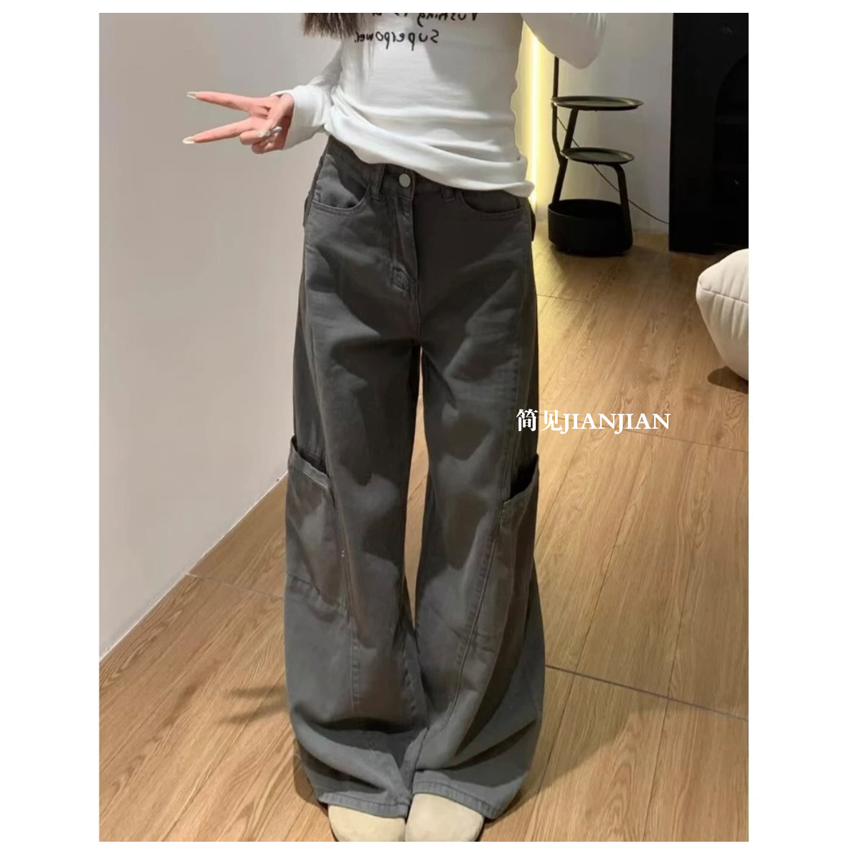 初秋美式复古高街阔腿牛仔工装显瘦高腰时尚百搭小众休闲设计感