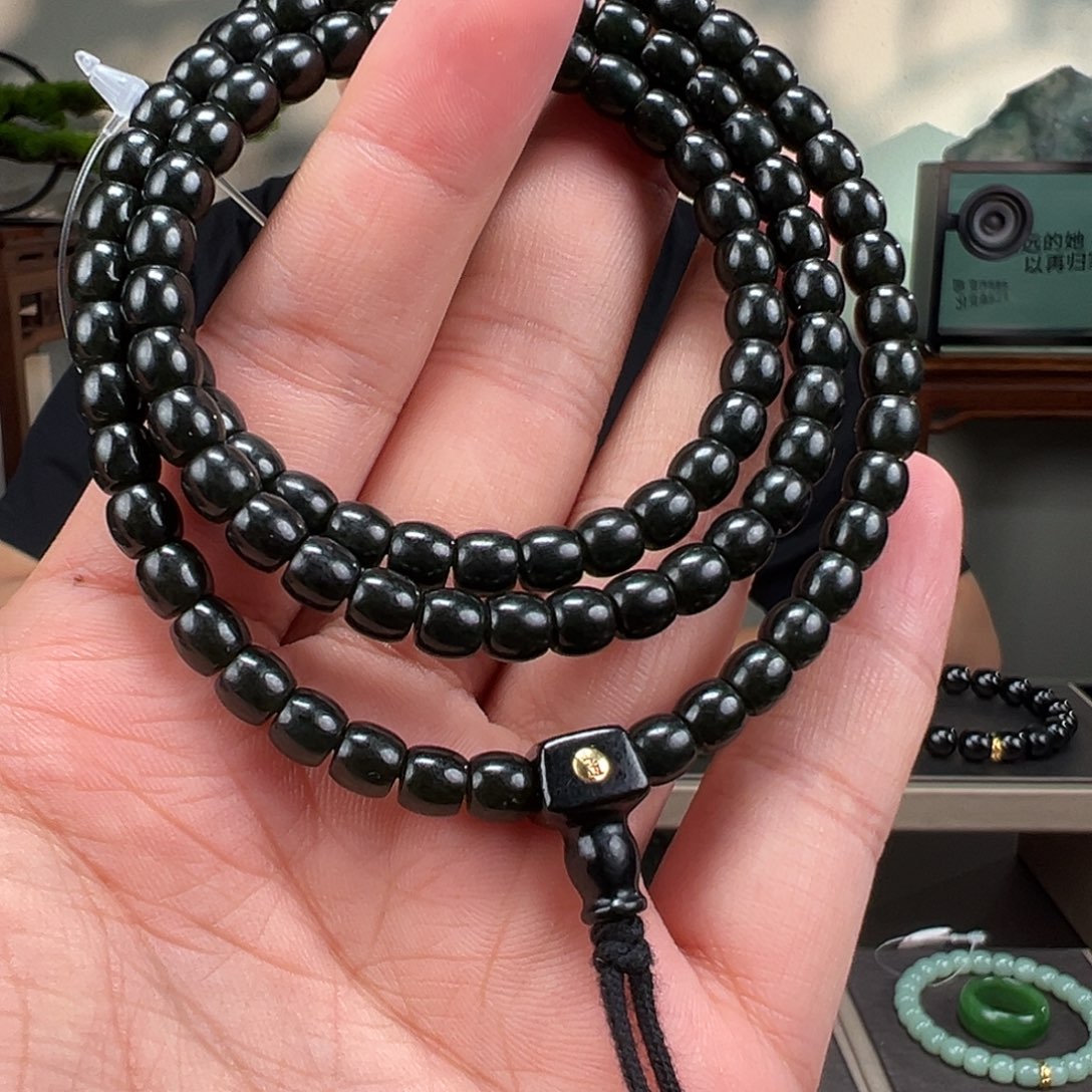 和田玉未镶嵌手链卡6mm108塔青