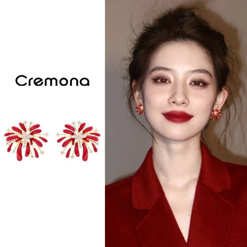 合金锆石耳饰 新年秋冬红色珐琅烟花耳钉高级感轻奢独特耳饰耳环 