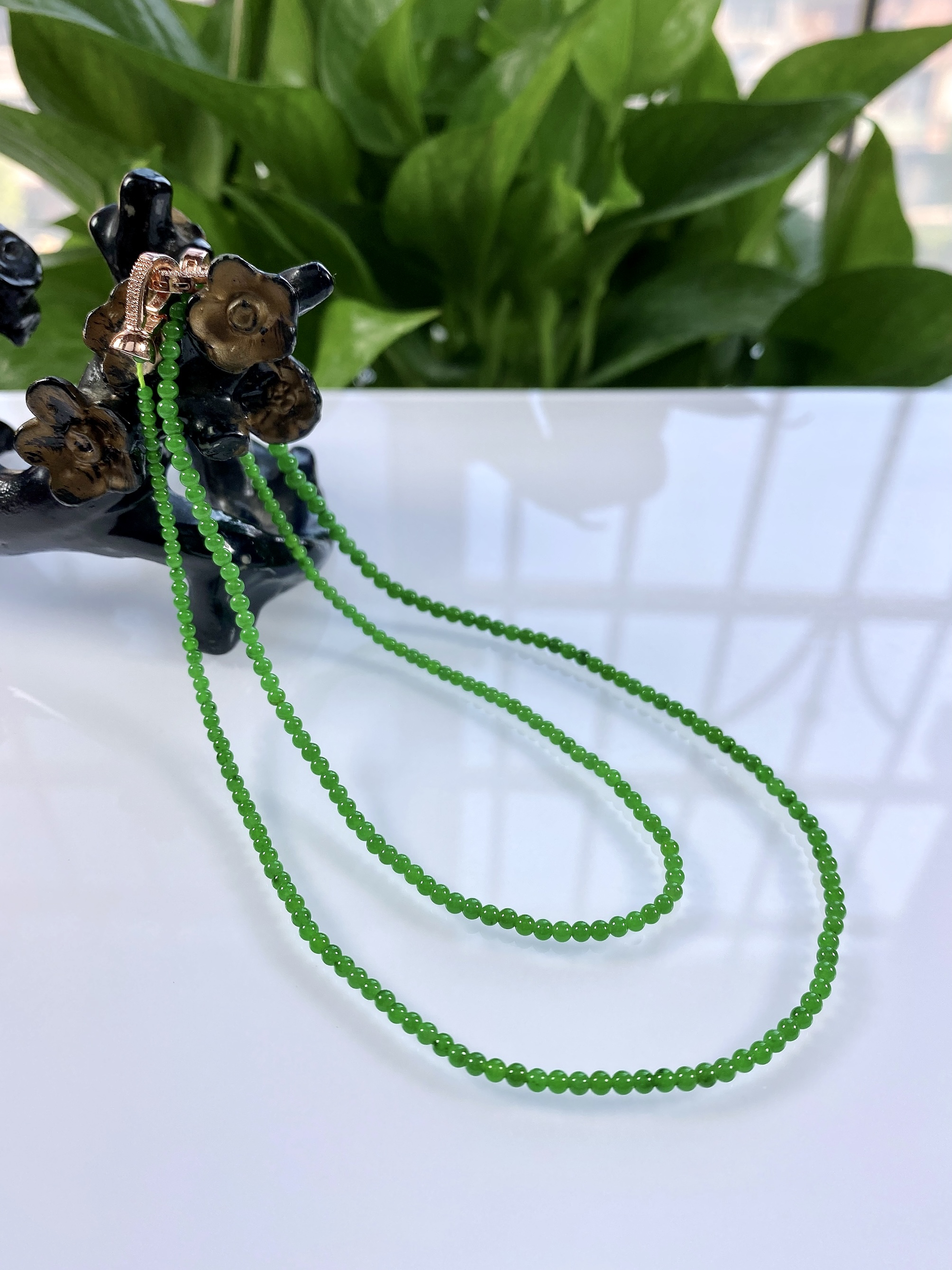 收藏级别，缅甸天然翡翠A货，卡3高冰帝王绿小米珠塔珠圆珠项链776