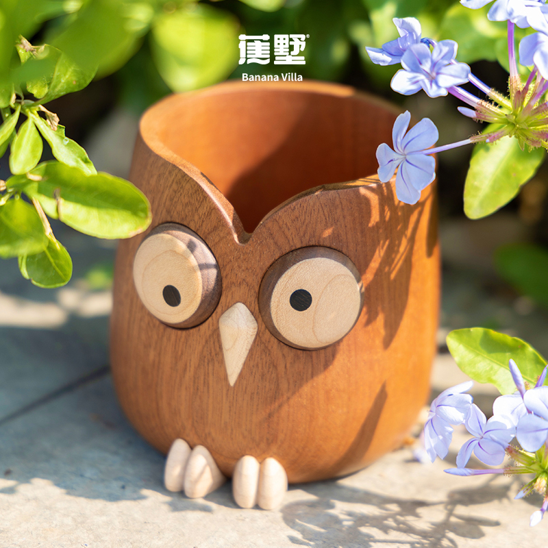 猫头鹰实木笔筒多功能收纳盒创意可爱笔插木质桌面文具盒生日礼物