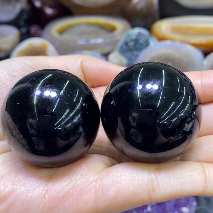 未镶嵌珠宝半成品水晶黑耀石双球