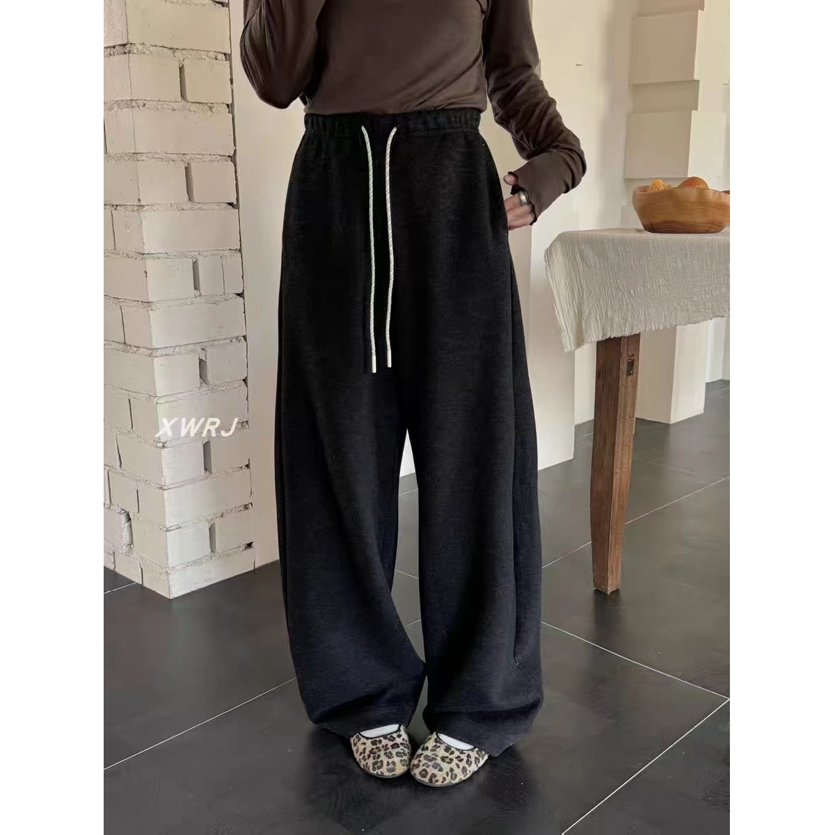 HMY5110101 2025新款松紧腰双色卷边抽绳窄版直筒裤