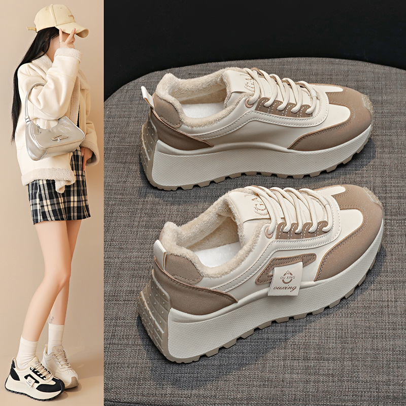 【增高5.5cm】踩屎感真皮厚底运动鞋女加绒款秋冬季