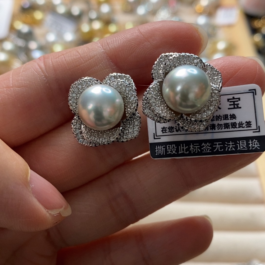 海水珍珠耳饰银S925镶嵌